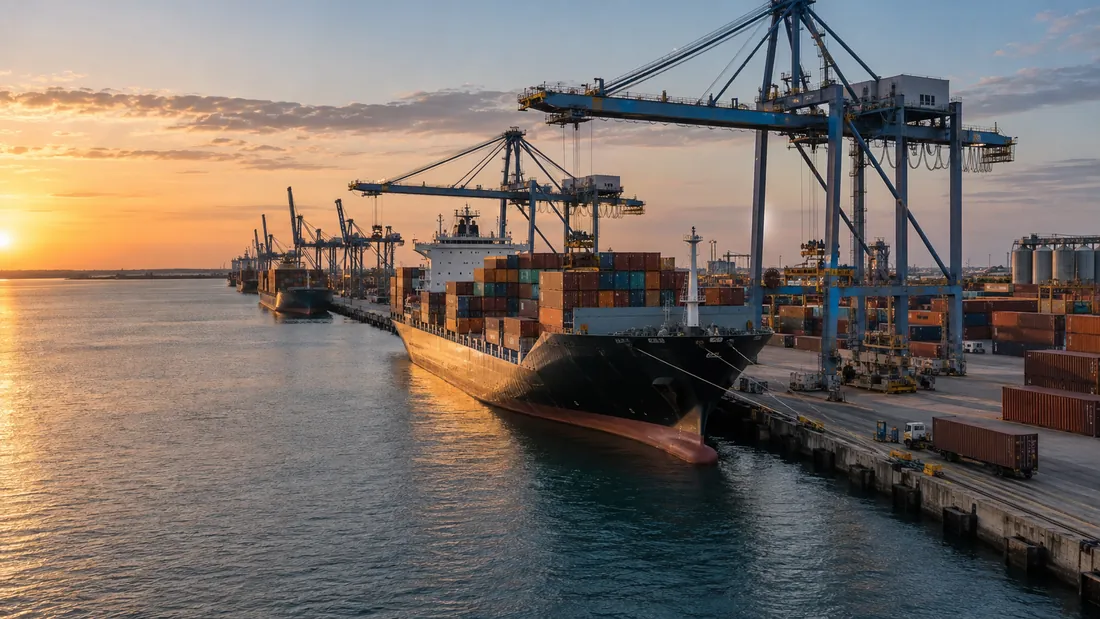 Container port at sunset